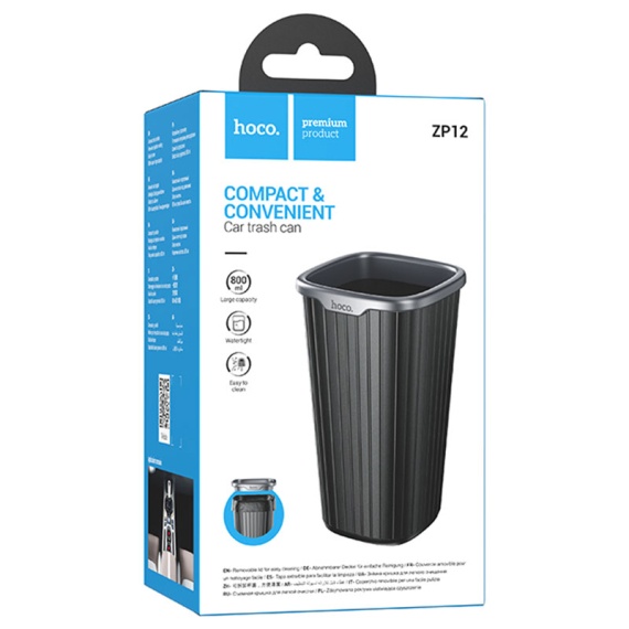 Hoco ZP12 - Mini cos de gunoi pentru masa/birou sau masina, 800ml, montaj Suport pahar + 90 role, Negru