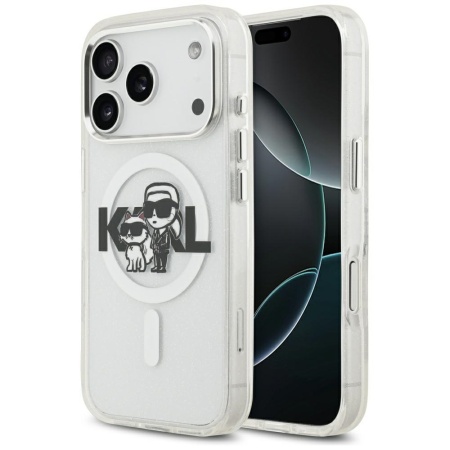 Husa Karl Lagerfeld pentru APPLE iPhone 17 Pro - MagSafe, Glitter Karl & Choupette Sketch Logo, PC+TPU, Clear - KLHMP17LHGKCGKBT, transparent