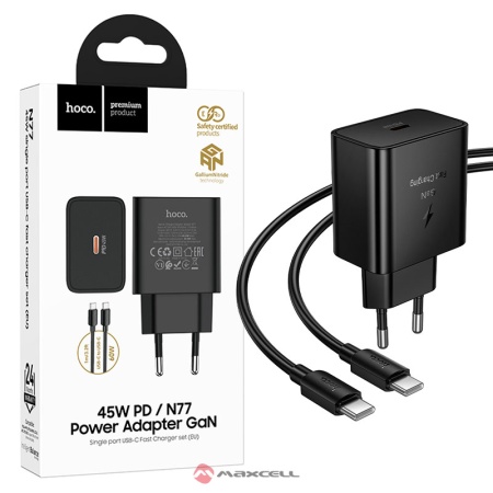 Incarcator retea + Cablu USB-C HOCO N77, GaN, PD 45W, 1x, QC 3.0, USB-C 1m, BLISTER, BLACK