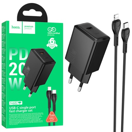 Incarcator retea HOCO N68 cu cablu Lightning 1m – PD 20W, 1xUSB-C, FastCharge, negru