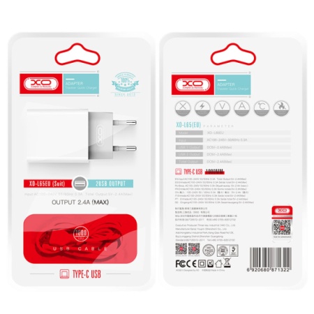 Incarcator retea XO L65 cu 2xUSB 2.4A + cablu Type-C, Quick Charge 3.0, alb