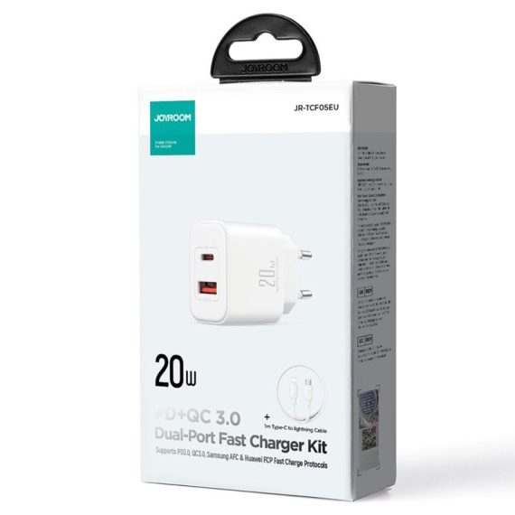 Joyroom JR-TCF05 - Incarcator Retea + Cablu Lightning, 20W, 1xUSB-C, 1xUSB-A, PD, QC 3.0, Alb