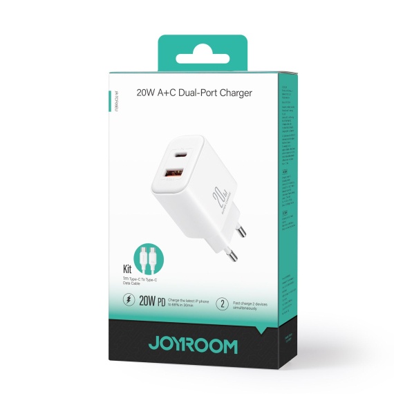 Joyroom JR-TCF05 - Incarcator Retea + Cablu USB-C, 20W, 1xUSB-C, 1xUSB-A-A, PD, QC 3.0, Alb