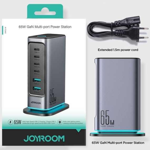 Joyroom JR-TCM02 - Statie incarcare, 4xType-C, 2xUSB, MultiHub USB, Cablu retea, Gri