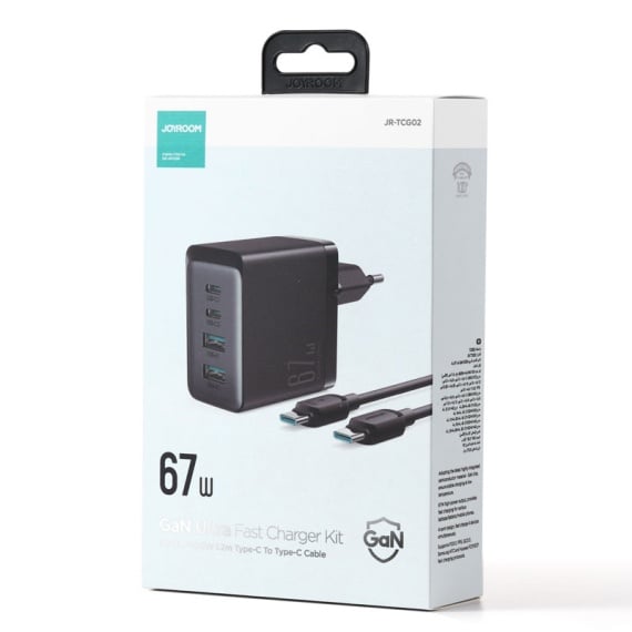 Joyroom TCG02 - Incarcator Retea + Cablu , Gan, 67W, 2xUSB-C, 2xUSB-A, PD, Negru