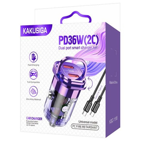 Kakusiga KSC-1195 - Incarcator Auto cu Cablu USB-C 3.4A 2xUSB-C RingPull Mov