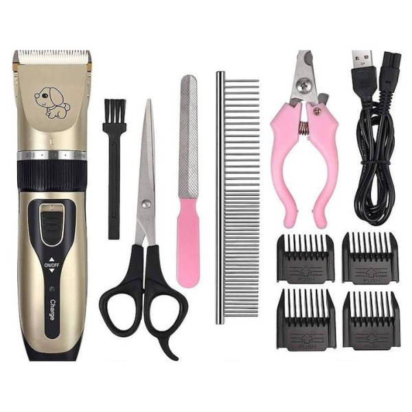 KIT Profesional ingrijire Caini, Pisici , Masina de taiat unghii, Aparat de tuns animale, Silentioasa, fara fir, Usor de folosit pentru incepatori, Lama de ceramica, 6 capete plus accesorii, Reincarcabila, Auriu