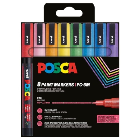 M1514 - Set marker UNI Posca 8 culori cu sclipici, pc-3ml, varf rotund, 0.9-1.3mm,