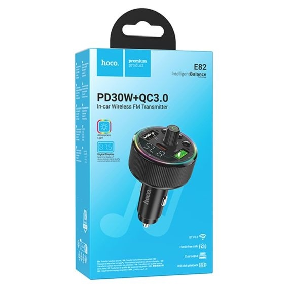 Modulator FM Hoco, 30W, 1xUSB-C, 2xUSB-A, Inteligent Balance, Ambient Light, Negru