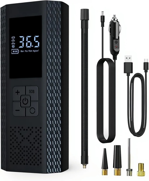 Pompa de Aer Wireless, Portabila, 150 PSI, Pentru Anvelope si Mingi, Baterie 2000 mAh, Afisaj Digital, Incarcator telefon USB si Type-C, Lanterna SOS, Dimensiune 17.5 x 8.5 cm, Negru