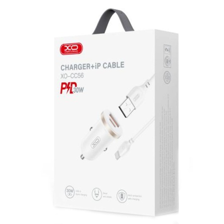XO CC56 – Incarcator auto + cablu Lightning 30W USB-C USB-A PD QC 3.0 compact, alb