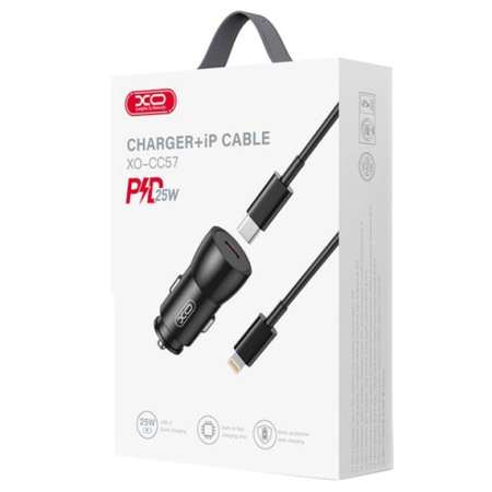 XO CC57 – Incarcator auto + cablu Lightning 25W USB-C PD metallic, negru