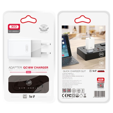 XO L85D - Incarcator Retea + Cablu Lightning, 18W, 1xUSB-A, QC 3.0, alb
