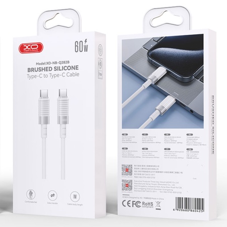 XO NB-Q282B - Cablu USB-C la USB-C, PD60W, QC 3.0, 1m, Silicon, Alb