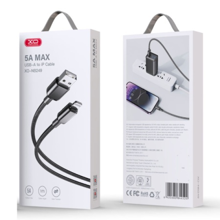 XO NB249 - Cablu Date si Incarcare, USB la Lightning, 5A, Braided, 1m, Negru