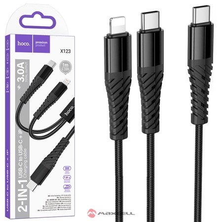 Cablu date si incarcare, Type-C la Lightning, HOCO X123, 2 in 1, braided, FastCharge, 1m, BLISTER, BLACK