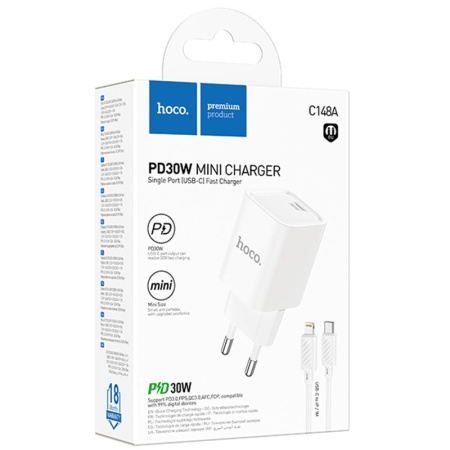 Hoco C148A - Incarcator Retea + Cablu Lightning, 1m, Type-C 30W, FastCharge, Alb