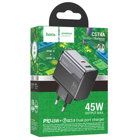 Hoco CS74A - Incarcator Retea, FastCharge PD45W + QC3.0, 1xUSB-C, 1xUSB, Negru