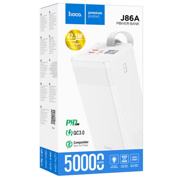 Hoco J86A - Baterie Externa 50000mAh, 1xUSB-C PD, 2xUSB-A QC 3.0, lampa LED, Alb