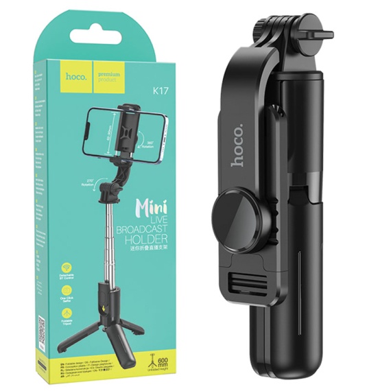 Hoco K17 - Suport stand Selfie, pentru telefon, 2 in 1, Mini Telescopic, Inox, cu telecomanda BT, Negru