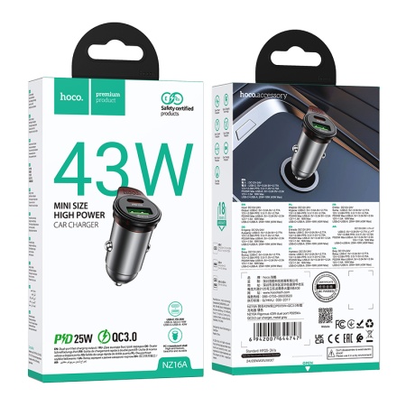 Hoco NZ16A – Incarcator auto PD43W cu 1xUSB-C + 1xUSB, gri