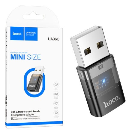 Hoco UA36C – Adaptor USB la Type-C OTG, transfer/incarcare, 2A, negru/transparent