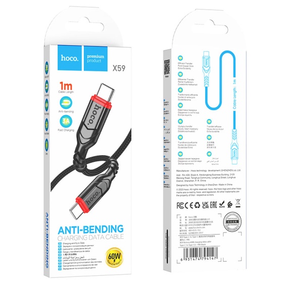 Hoco X59 - Cablu Date si Incarcare, Type-C, PD60W, QC3.0, Braided, 1m, Negru