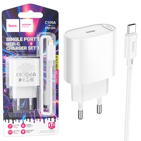 Incarcator retea + cablu HOCO C109A, 20W USB-C, FastCharge, 1m Lightning, C109AWH, white