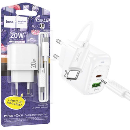 Incarcator retea HOCO CS54A, 25W USB-C + USB QC3.0, FastCharge, dual-port, CS54AWH, white