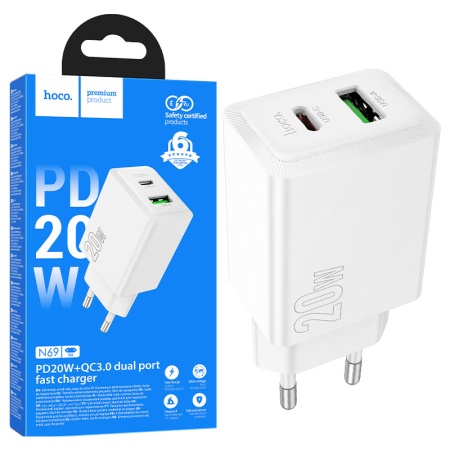 Incarcator Retea HOCO N69, PD20W+QC3.0, 1xUSB-C, 1xUSB, Fast, WHITE