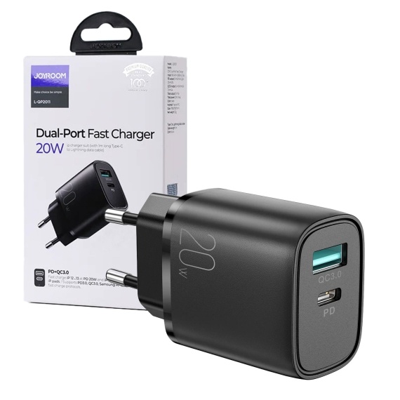Joyroom L-QP2011 - Incarcator Retea, 20W, 1xUSB-C, 1xUSB-A, PD, QC 3.0, Negru