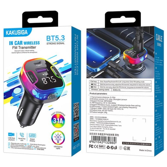 Kaku KSC-1070 - Modulator FM | BT, 3.1A, 1xUSB-C, 1xUSB-A, PD, QC 3.0, Light Ambient, Negru