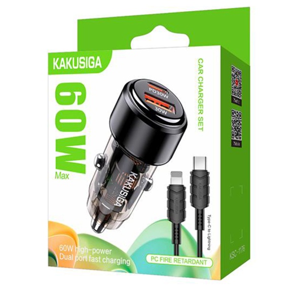 Kaku KSC-1176 - Incarcator Auto + Cablu Lightning, 60W, 1xUSB-C, 1xUSB-A, PD, QC 3.0, SuperFast, Negru