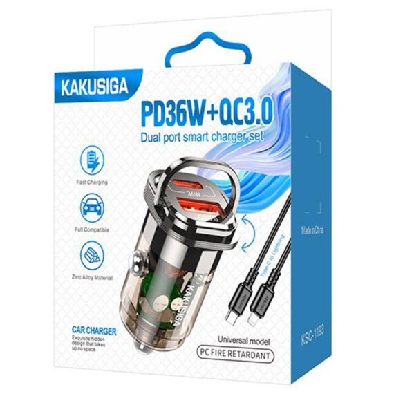 Kaku KSC-1193 - Incarcator Auto + Cablu Lightning, 1m, PD36W, 1xUSB-C, 1xUSB-A, Negru