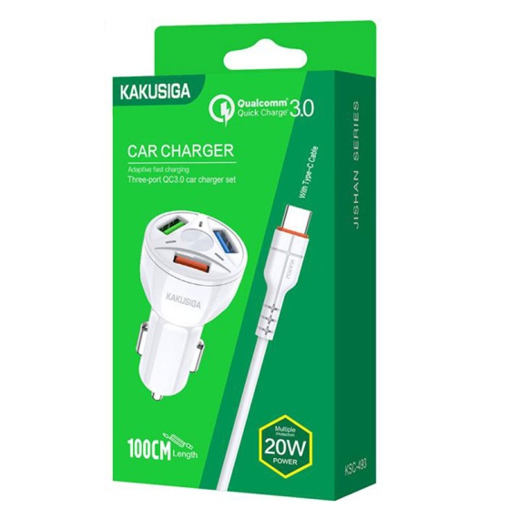 Kaku KSC-493 - Incarcator Auto + Cablu USB-C, 20W, 3xUSB-A-A, QC 3.0, Alb