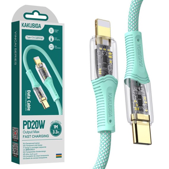 Kaku KSC-809 - Cablu Date si Incarcare, Type-C la Lightning, PD20W, QC3.0, Braided, LED Power, 1m, Verde