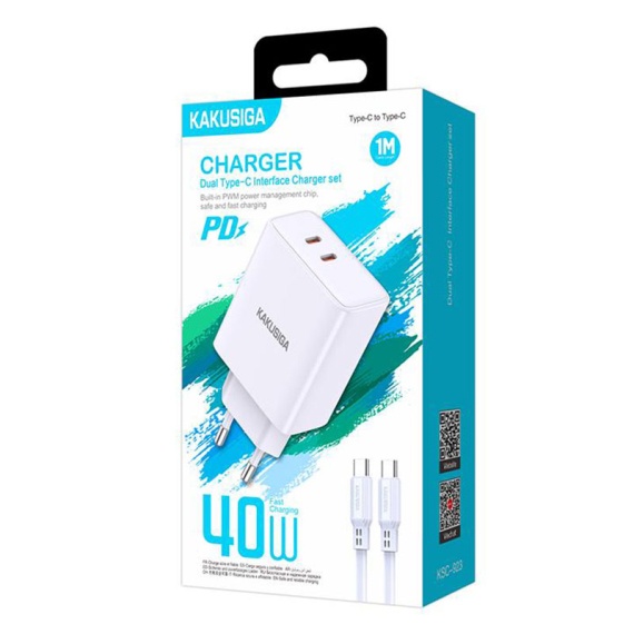 Kaku KSC-923 - Incarcator Retea + Cablu USB-C, 40W, 2xUSB-C, PD, Alb