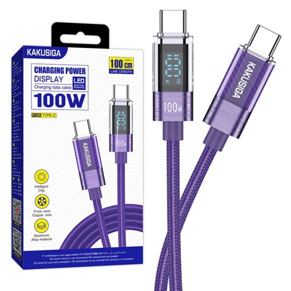 Kaku KSC-971 - Cablu Date si Incarcare, Type-C, PD100W, QC3.0, Braided, LED Power, 1m, Violet