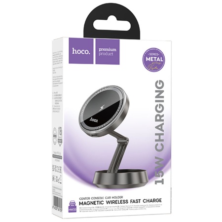 Suport auto cu incarcare wireless Hoco HW33 – 15W, magnetic MagRing, montare dashboard, metallic, gri