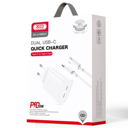 XO L105 – Incarcator retea 35W 2xType-C PD + cablu Type-C, alb