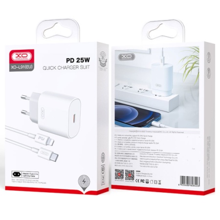 XO L91 – Incarcator retea 25W PD cu 1xUSB-C si cablu Lightning, alb