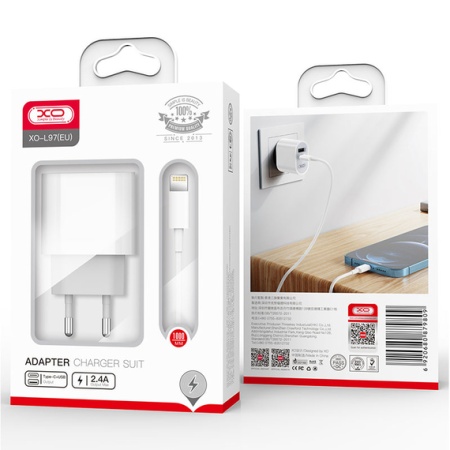 XO L97 – Incarcator retea PD QC 3.0 cu 1xUSB-C si 1xUSB-A + cablu Lightning, alb