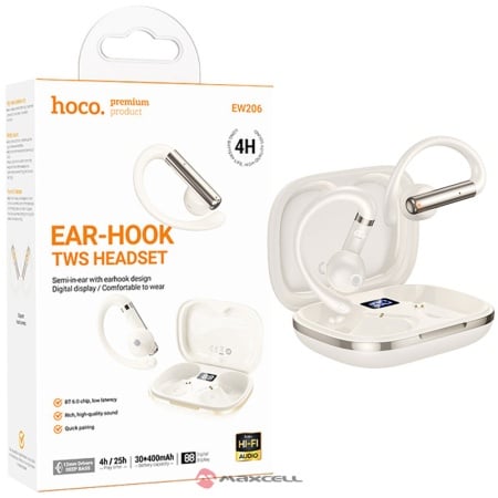 Casti wireless EarHook HOCO EW206, Bluetooth 6.0, 30/400mAh, 25h stand-by, LED digital, BLISTER, SILVER