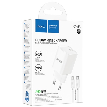 Hoco C148A - Incarcator Retea + Cablu USB-C, 1m, USB-C 30W, FastCharge, Alb