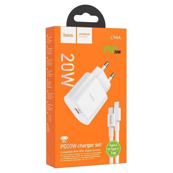 Hoco C94A - Incarcator Retea + Cablu USB-C, 1m, 1xUSB-C, PPS/QC3.0/FCP/AFC | ALB