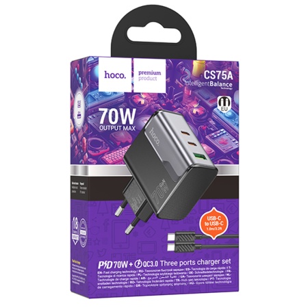 Hoco CS75A - Incarcator Retea + Cablu USB-C 1m, PD70W + QC3.0, 2xUSB-C, 1xUSB-A, Negru