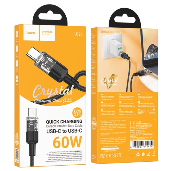 Hoco U129 - Cablu Date si Incarcare, Type-C, PD60W, QC3.0, 3A, Crystal, 1.2m, Negru