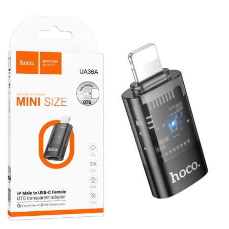 Hoco UA36A – Adaptor OTG transfer/incarcare Lightning la USB-C 2A, negru