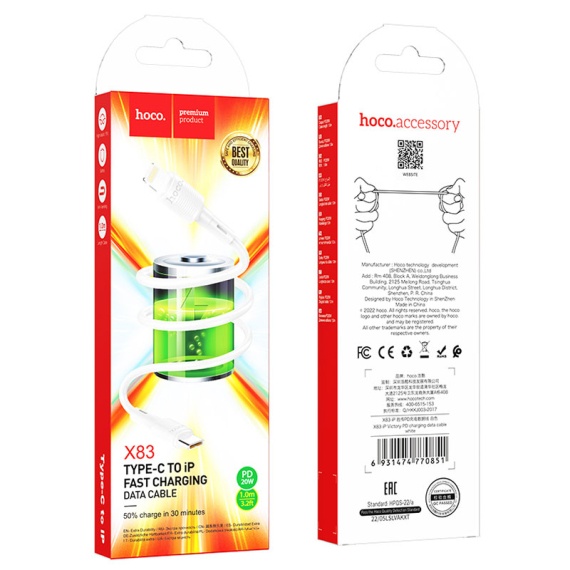 Hoco X83 - Cablu Date si Incarcare, USB-C la Lightning, PD20W, QC3.0, 1m, Alb