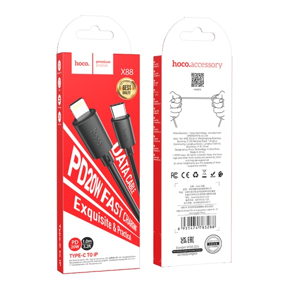 Hoco X88 - Cablu Date si Incarcare, Type-C la Lightning, PD20W, QC3.0, 1m, Negru